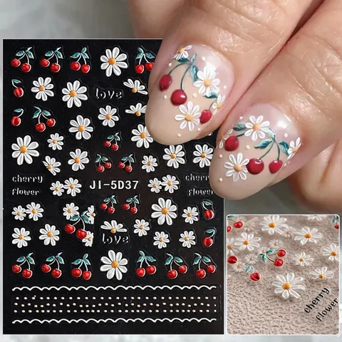 Adesivi Per Unghie In Rilievo 5D Ciliegia Margherita Fiore Decalcomanie Adesive Design Lettera D'Amore Decorazione