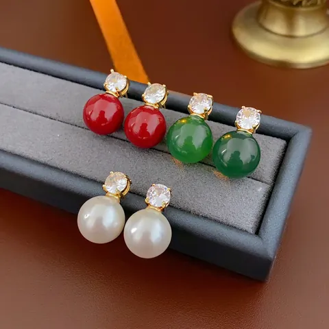 Round Stud Earrings Zircon Imitation Artificial Pearl Copper Gold Plated With Silver Earring Post French Minimalist Retro Women