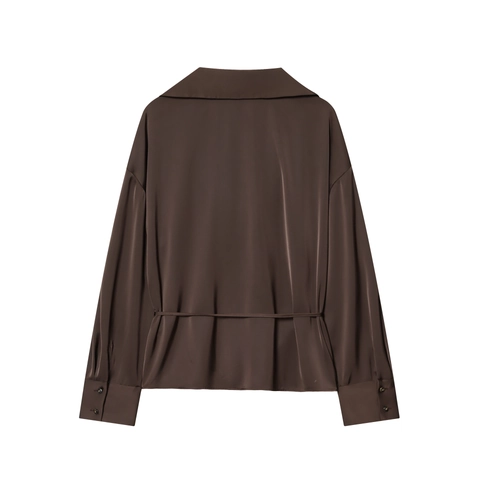 Blusa De Satén Mujer Cuello En V Manga Larga Lazo En Cintura Color Sólido Textura Satén Elegante