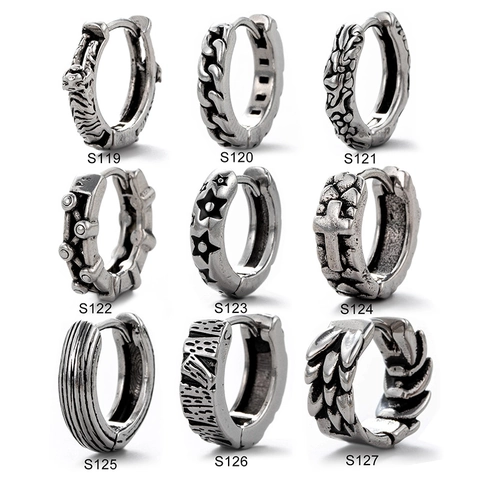 Vintage Stainless Steel Hoop Earrings For Men Punk Gothic Style Embossed Tiger Cross Pentagram Geometric Silver Tone