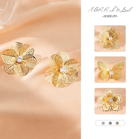 Hollow Flower Butterfly Stud Earrings Gold Plated Copper Alloy Zircon Artificial Pearl Vintage Elegant Accessories For Women