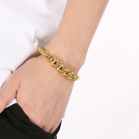 Brazalete Para Hombre De Acero Inoxidable Calavera Punk Gótico Cable De Alambre Joyería Hip Hop Moda Regalo