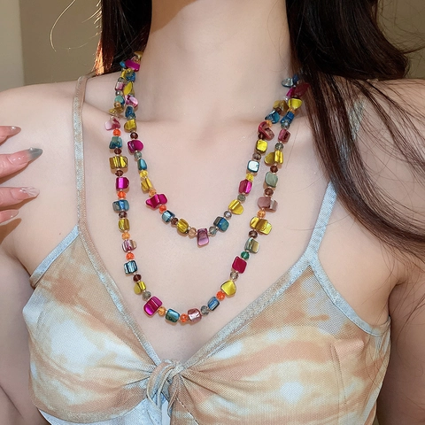 Boho Mehrlagige Künstliche Perle Perlenkette Für Damen Bunte Muschel Plexiglas Strandperlen Schlüsselbeinkette Sommer Strand Schmuck