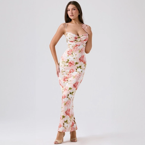 Vestito Lungo Floreale Da Donna Con Spalline Sottili Bordo In Pizzo Vestibilità Aderente Spacco Laterale Sexy Bodycon Estate