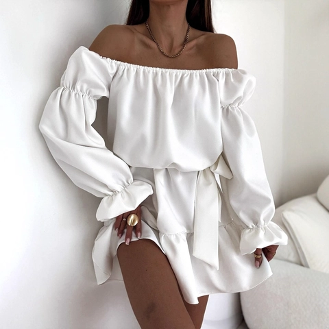 Off Shoulder Minikleid Polyester Elegant Laterne Lang Puffärmel Einfarbig Mit Gürtel Rüschensaum Casual Party Damen