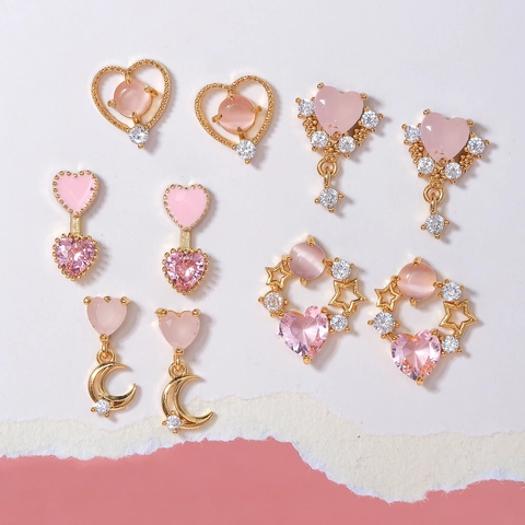 Heart Planet Star Earrings With Pink Zircon 18K Gold Plated Brass And 925 Sterling Silver Earring Post For Women