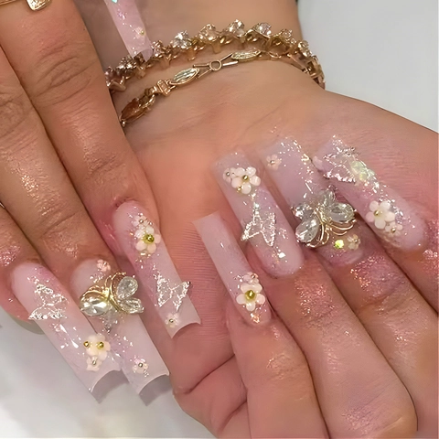 Unghie Finte Extra Lunghe Farfalla E Fiore Glitter Argento Sfumato Rosa Viola Stile Elegante Raffinato