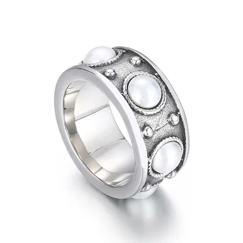 Anillo Ancho Vintage De Acero Inoxidable Con Perlas Artificiales Artificiales Acabado Plateado Envejecido Estilo Bohemio Para Mujer
