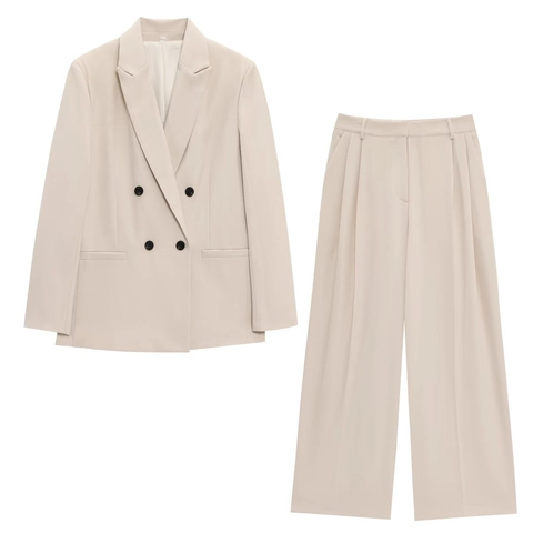 Women Double Breasted Blazer And High Waist Wide Leg Pants Polyester Solid Color Padded Shoulder Office Casual
