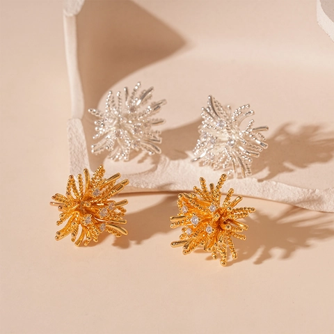 Firework Starburst Stud Earrings With Zircon Inlaid Copper Jewelry And 925 Sterling Silver Earring Post For Women