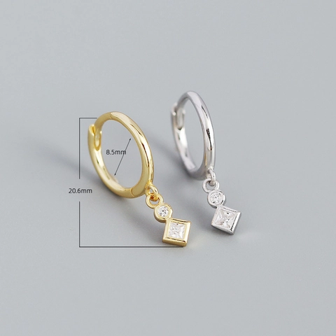 925 Sterling Silver Huggie Hoop Earrings With Square And Round Cubic Zirconia Geometric Pendant Jewelry For Women