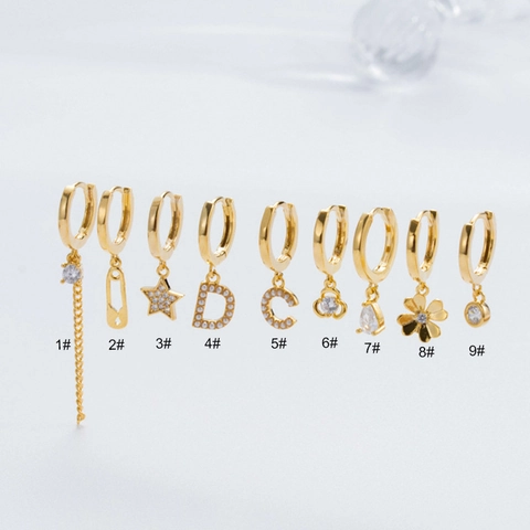 Polished Copper Hoop Earrings Zircon Star Drop Charm Geometric Fashion Piercing Jewelry For Women