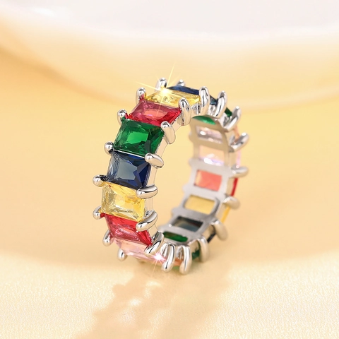 Eternity Ring Regenboog Veelkleurig Baguette Geslepen Zirkoon Koper Verguld Goud Zilver Mode-Sieraden Vrouwen