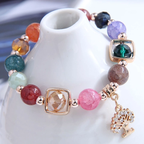Bracciale Perline Albero Della Vita Dolce Multicolore Lega Acciaio Strass Perla Artificial Sintetica Elastico Donna