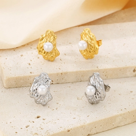 Pendientes De Botón Con Textura Plegada Irregular De Acero Inoxidable Con Perla Artificial De Concha Joyería Geométrica Elegante Para Mujer