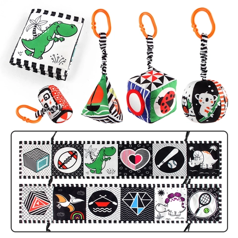 High Contrast Black White Baby Cloth Book Newborn Sensory Toys Squeaky Rattle Crib Bumper Hanging Soft Plush Polyester
