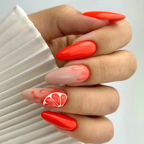 Uñas Press On Forma Almendra Diseño Naranja Toronja Uñas Artificiales Brillantes Arte Frutal Verano Para Mujeres