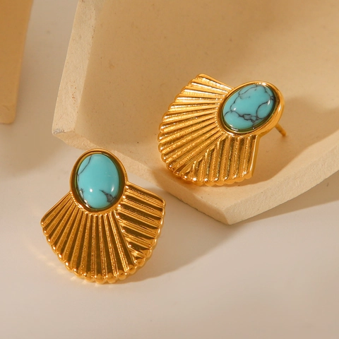 Pendientes De Botón En Forma De Abanico De Acero Inoxidable Con Turquesa Retro Baño De Oro 18K Para Mujer