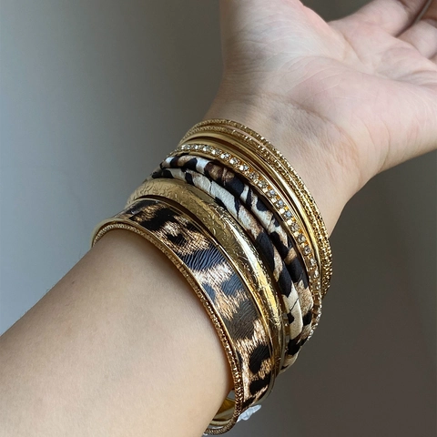 Golden Alloy Rhinestone Leopard Print Leather Stackable Bracelets For Women Bohemian Style Embossed Metal Bangles