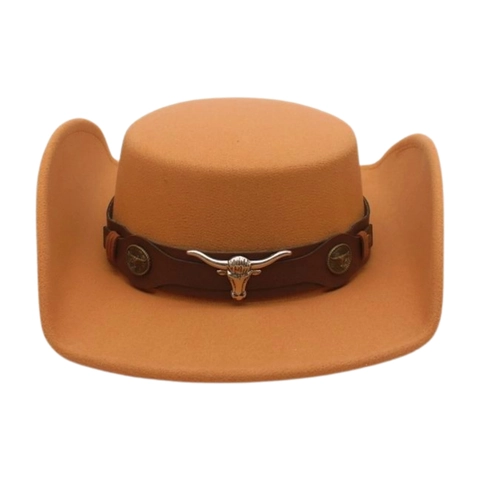 Western Cowboy Hat Flat Top Gambler Felt Metal Bull Head Decorative Leather Band Retro Ethnic Style For Men And Women