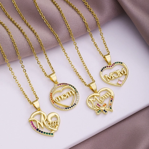 Mom Pendant Necklace Stainless Steel Chain Copper Inlaid Colorful Zircon Heart Shaped Letter Jewelry Gift For Women