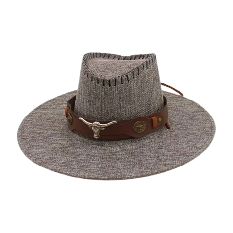 Western Cowboy Hat Retro Wide Brim Polyester Woven With Metal Bull Skull Leather Band Adjustable Wind Rope