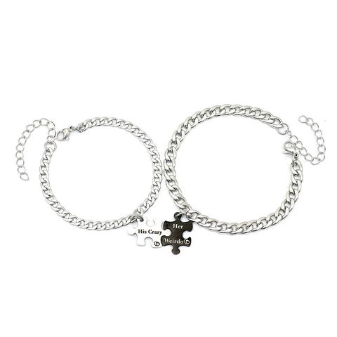 Puzzle Anhänger Armbänder Edelstahl Graviert His Crazy Her Weirdo Panzerkette Verstellbar Für Herren Damen Paare