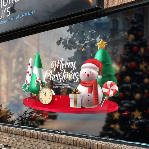 Christmas Window Static Cling Stickers PVC Double Sided Snowman Christmas Tree Clock Decals For Glass Door Shop Decor