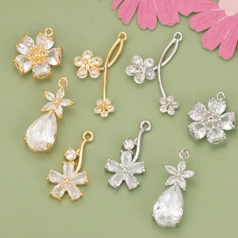 Breloques Fleur Larme Pour Fabrication Bijoux DIY Cuivre Plaqué Or 18K Zircon Pendants Floraux