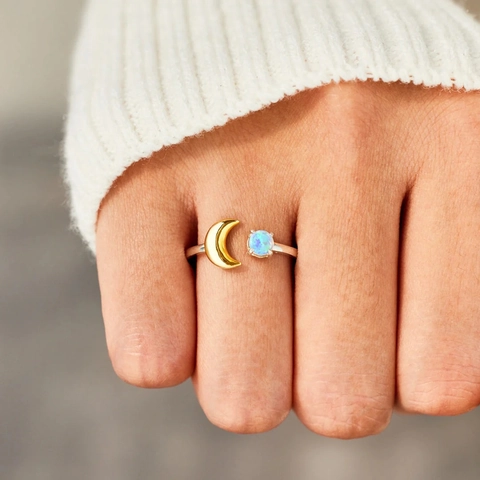 925 Sterling Silver Ring Open Adjustable With Gold Moon And Colorful Opal Minimalist Fashion Jewelry For Women