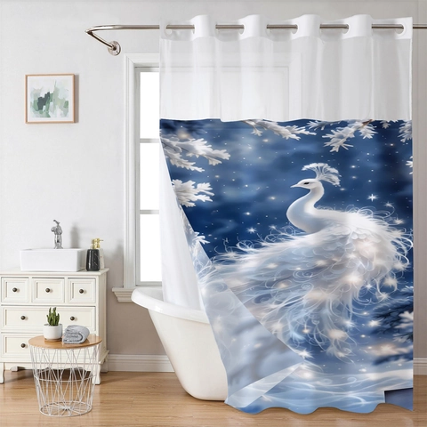 Waterproof Waffle Polyester Shower Curtain And Bath Mat Snap-In Removable Liner Top Mesh Window Weighted Magnetic Bottom