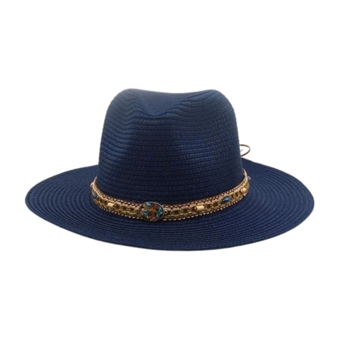 Fedora Straw Hat Wide Brim Sun Protection Summer Beach Bohemian Ethnic Beaded Band For Women