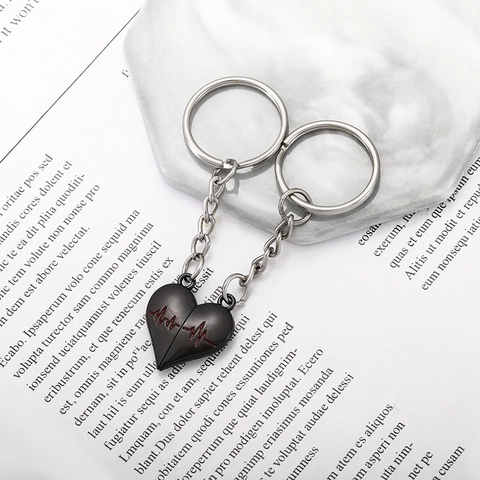 Kreativer Herzförmiger EKG Herzschlag Paar Schlüsselanhänger Magnetisches Spleißen Zinklegierung Schlüsselring Für Rucksack Anhänger Valentinstag Geschenk