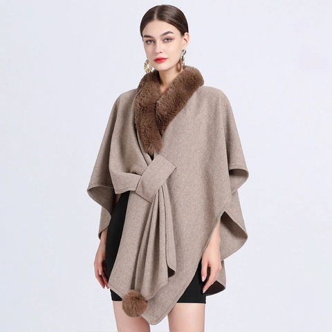 Poncho Chal Elegante Para Mujer Con Cuello De Piel Sintética Abrigo Capa De Punto Suelto Con Pom-Pom Cálido