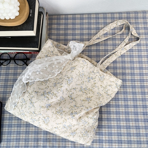 Sac Fourre-Tout En Toile Florale Grande Capacité Sac À Épaule Avec Ruban En Dentelle Et Fermeture Éclair Style Frais