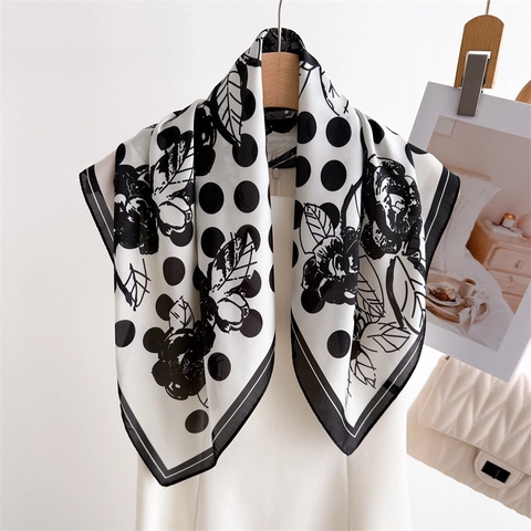 Elegant Polka Dot Floral Square Scarf Polyester Satin Neck Wrap French Retro Headscarf For Women