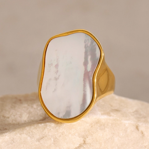 Irregular Geometric Ring 18K Gold Plated Stainless Steel With White Mother Of Artificial Pearl Inlay Minimalist Vintage For Women