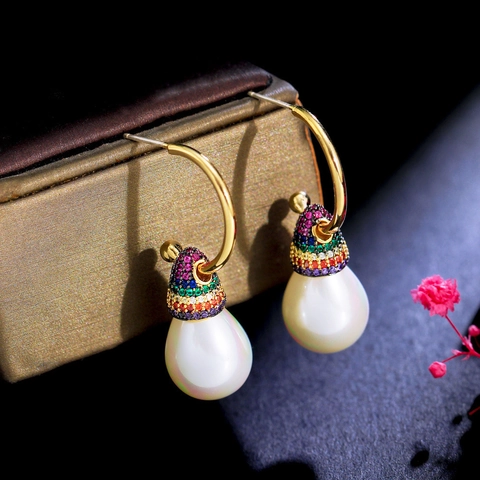 Luxury Vintage Retro Court Rainbow Zirconia Teardrop Artificial Pearl Drop Earrings With 925 Sterling Silver Earring Post