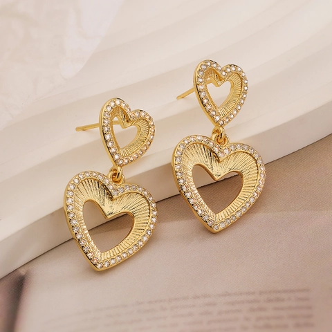 Double Layer Geometric Heart Drop Earrings Copper With Zircon Sparkly Luxury Fashion Delicate Jewelry For Women Elegant