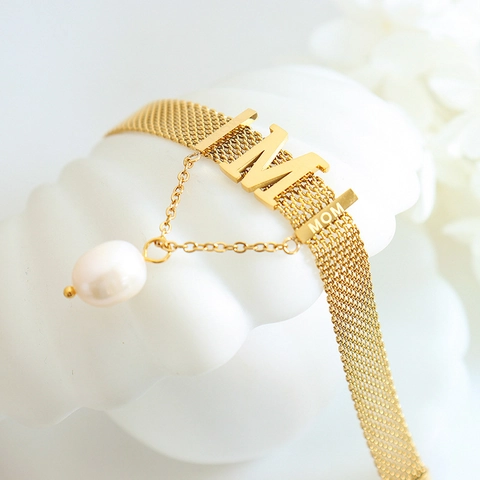 Titanium Steel Necklace And Bracelet Gold Plated Letter M Mom Pendant Freshwater Pearl Mesh Chain Trendy Jewelry For Women