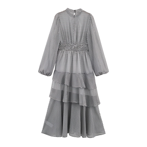 Vestito Maxi A Balze A Pois Chiffon Maniche A Lanterna Collo Alto Volant Manica Lunga Elegante Per Donna