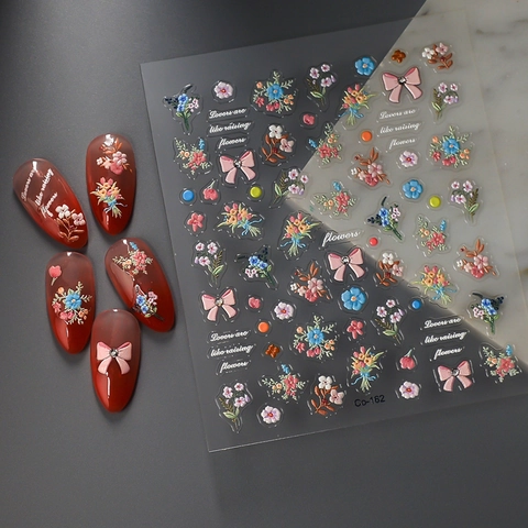 Autocollants De Nail Art En Relief 5D Motif Floral Fleurs Nœuds Roses Auto Adhésifs Imperméables Décoration De Manucure DIY