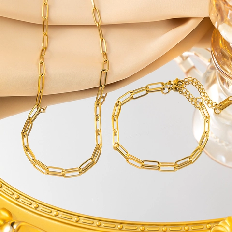 Paperclip Chain Necklace And Bracelet Stainless Steel 18K Gold Plated Minimalist Geometric Hip Hop Jewelry