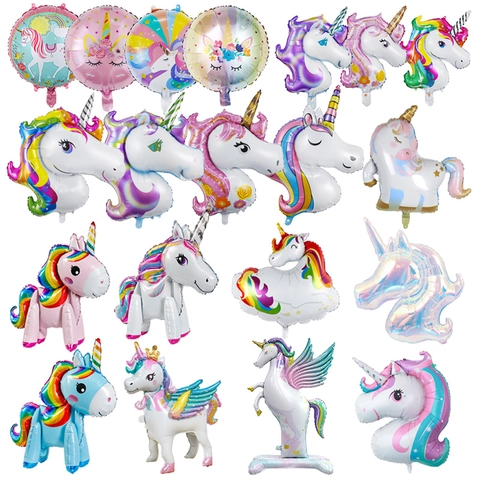 Unicorn Balloons Aluminum Foil 3D Standing Head Round Shape Rainbow Birthday Party Decoration Cartoon Cute Novelty