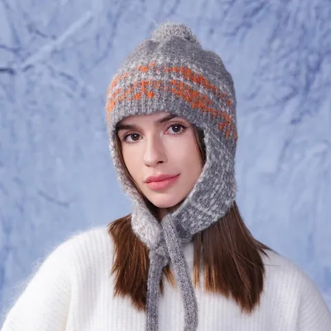 Gorro De Punto Para Mujer Invierno Con Pompon Orejeras Cálido Mezcla De Lana Jacquard Gorra Cortavientos