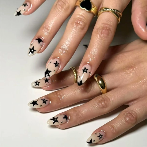 Uñas Postizas Forma De Almendra Estrella Negra Diamante De Imitación Nude Uñas Artificiales Brillante Estilo Salón Para Mujeres