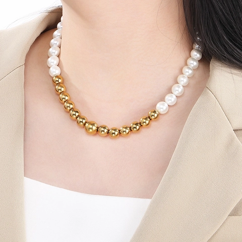 Collana Di Künstliche Perle Sintetiche Rotonde Con Grani In Acciaio Inossidabile Per Donne Gioielli Di Moda Eleganti Regolabili