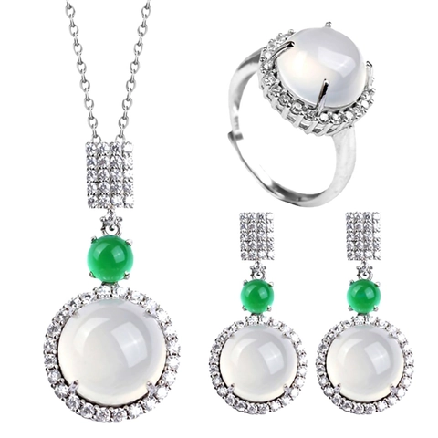 Elegante Set di Gioielli in Rame Pendente in Calcedonio Naturale Bianco Verde Rosso Giallo Collana Anello Orecchini a Bottone Strass Donna