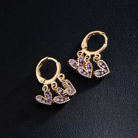 Dreifache Herz Ohrhänger Kupfer 18K Vergoldet Bunte Zirkonia Elegant Kreativ Schmuck Für Frauen