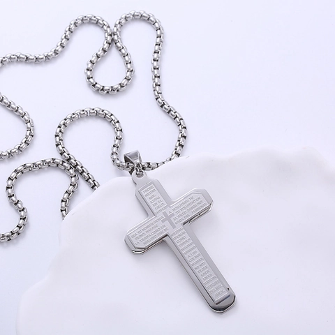 Collier Pendentif Croix Prière Notre Père Espagnol Acier Inoxydable Religieux Double Couche Couleur Argent Bijoux